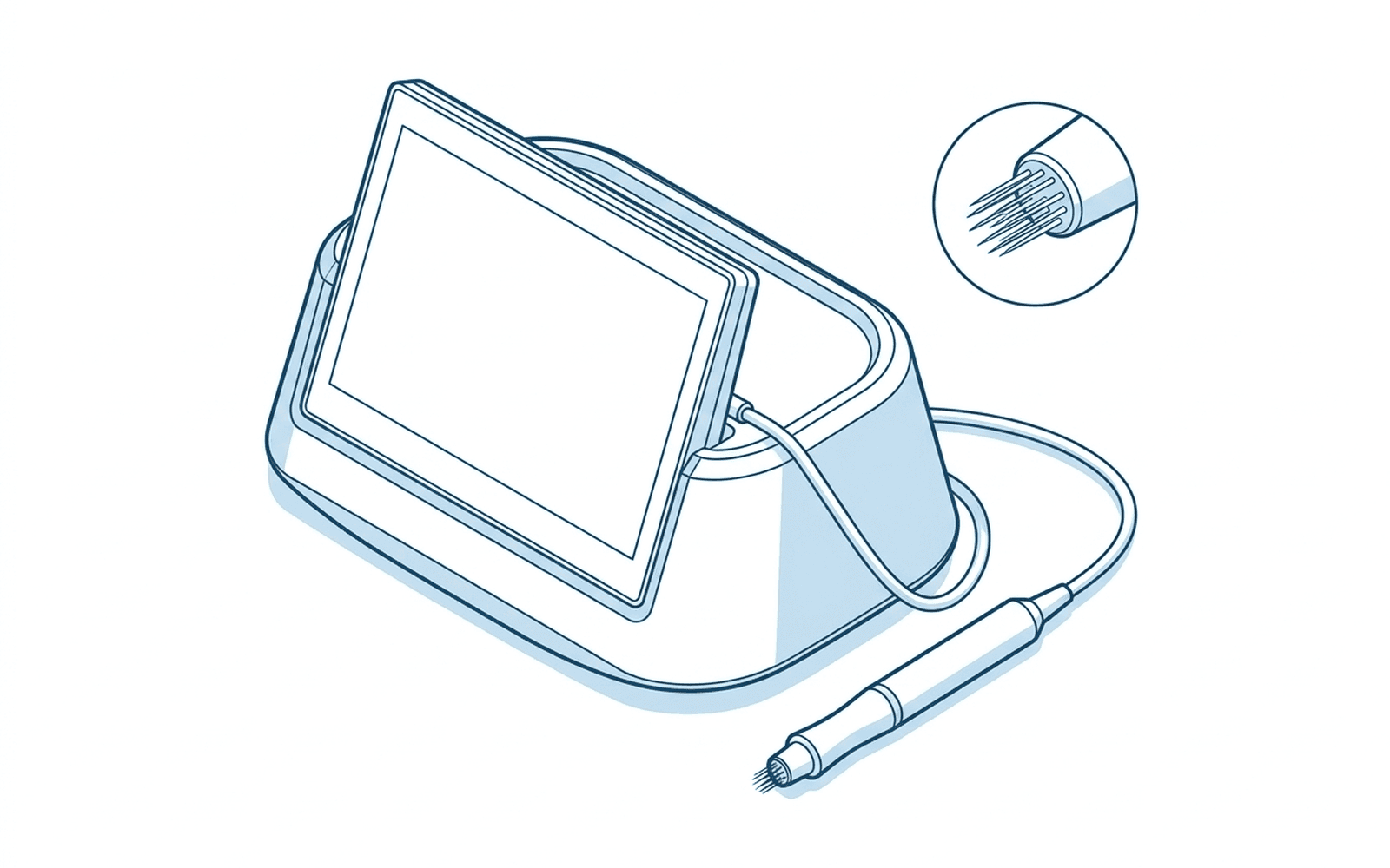 Concept line drawing of a tabletop control unit with a handheld multi-needle injector