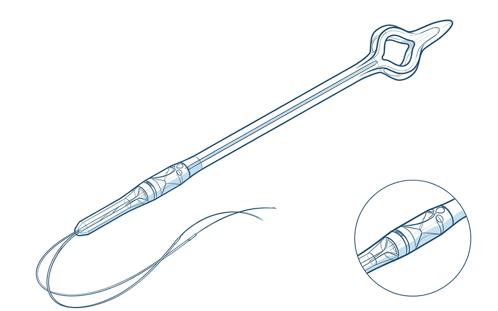 Concept line drawing of a slender catheter with a quatrefoil tip and pull wire