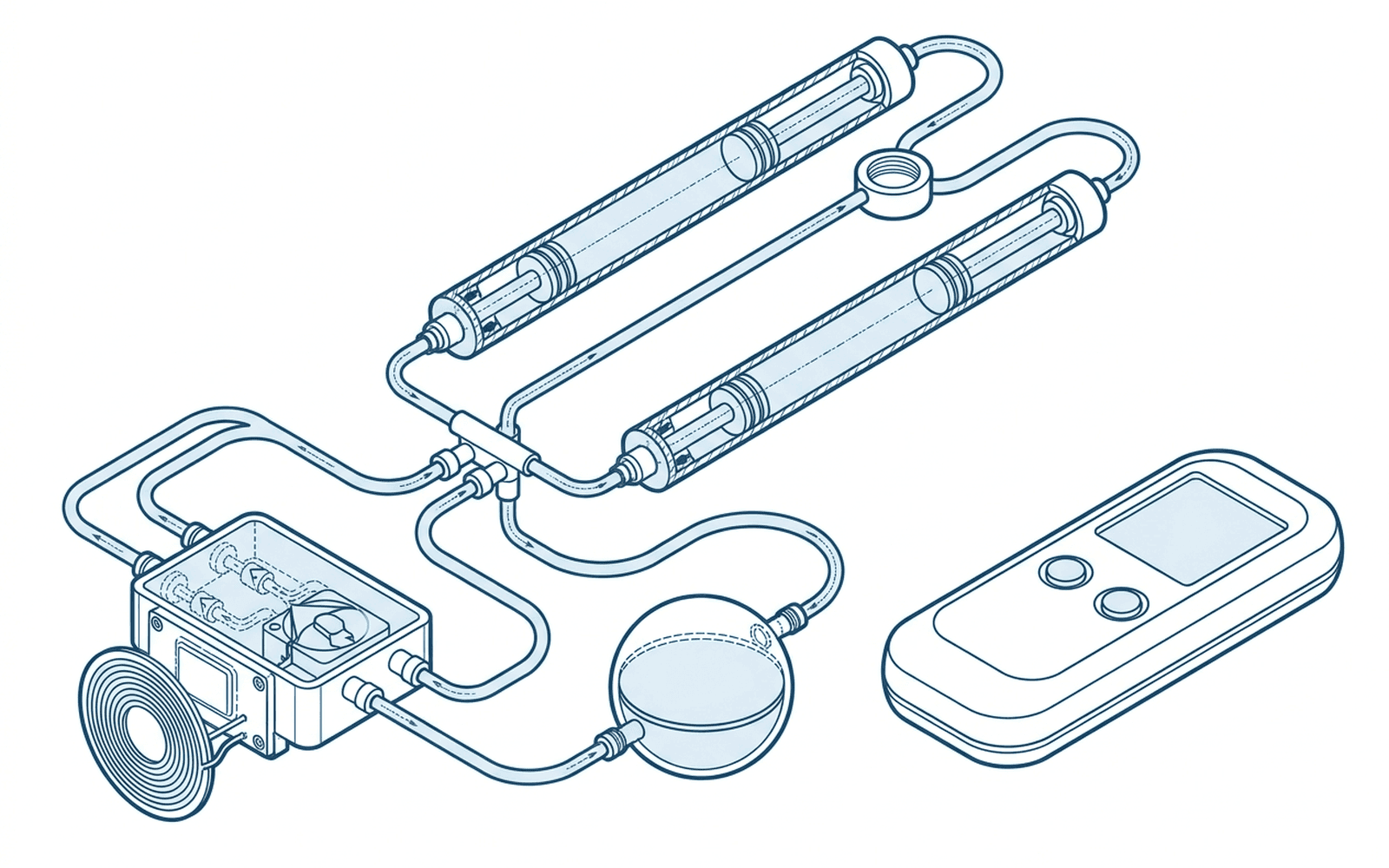 Concept line drawing of an implant system with cylinders, reservoir, pump and external programmer