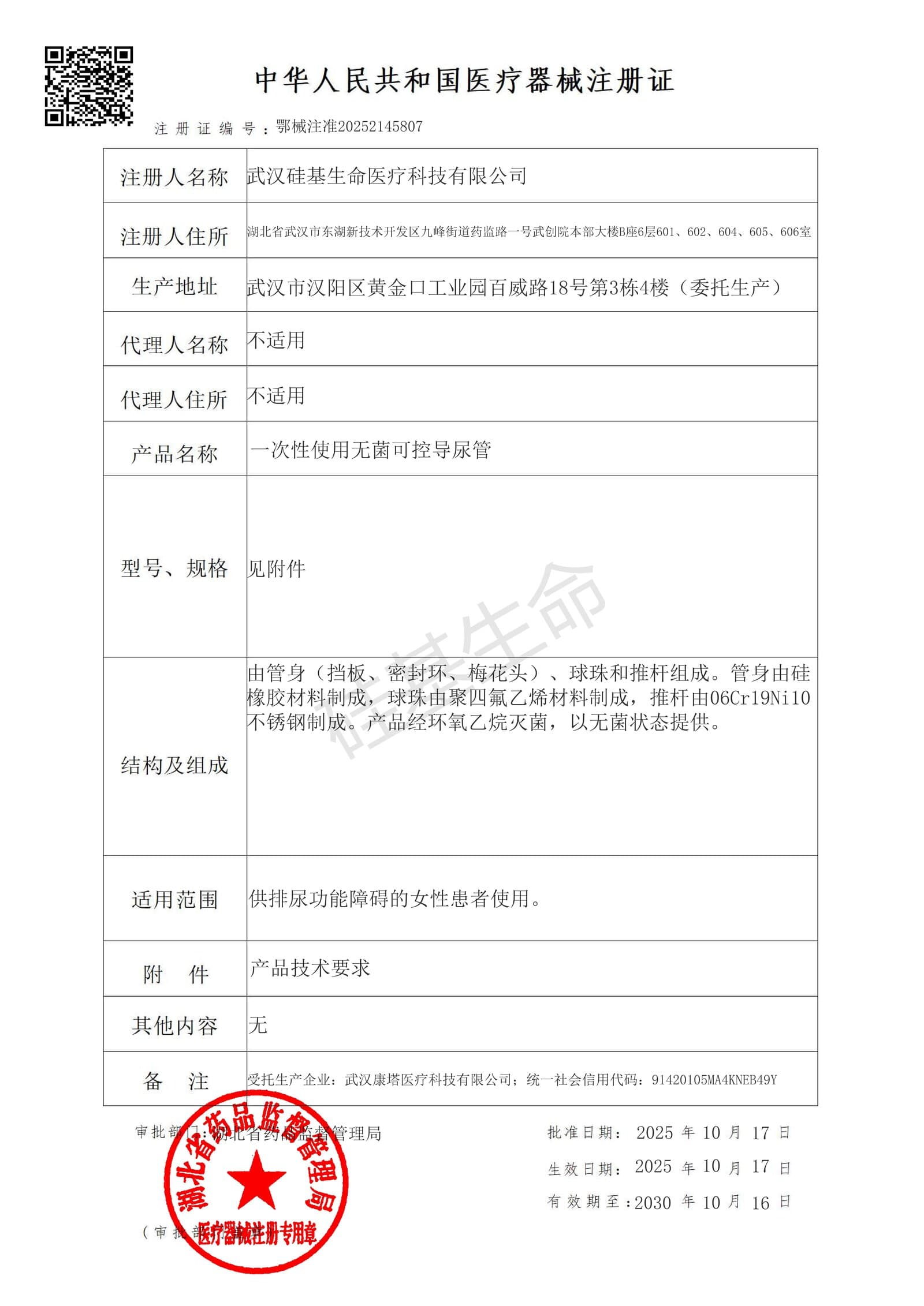 China medical device registration certificate for the Disposable Sterile Controlled Catheter