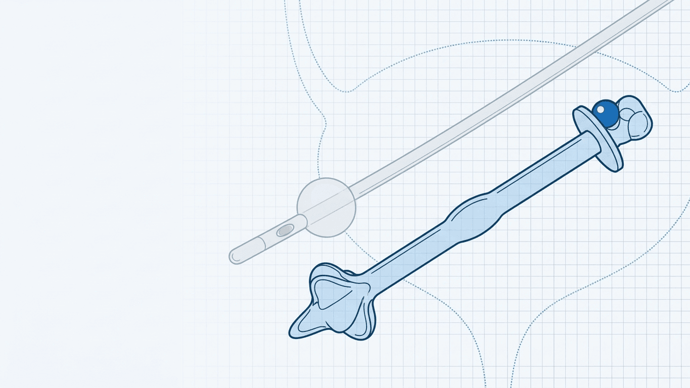 Line illustration comparing a conventional catheter tip with a retention balloon, drawn in grey, and a balloon-free catheter with a four-lobed tip, bulged shaft section and ball valve, drawn in blue