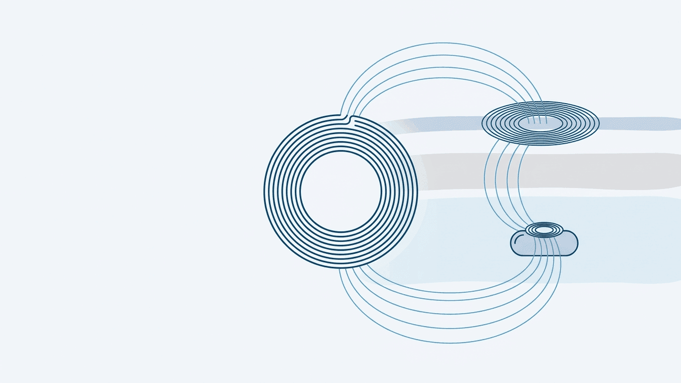 Schematic illustration of wireless power passing from a large external coil, through a relay coil at the skin, to a small coil on a deep implant, with magnetic field lines between them