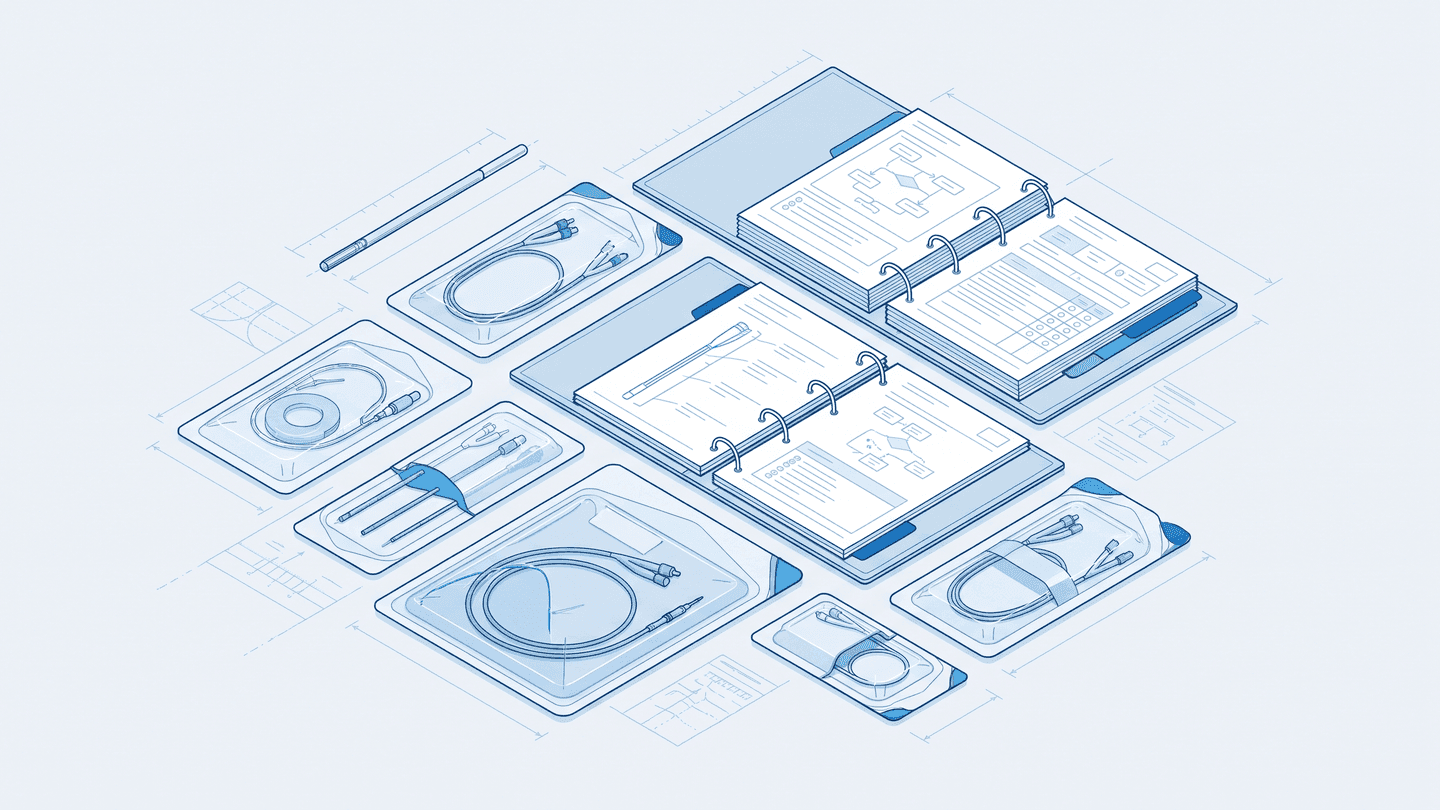 Blue technical illustration of procurement evidence binders and schematic packaged catheter samples on a light-grey surface